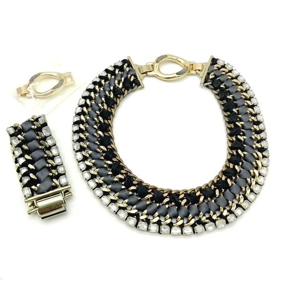 Stella & Dot Jewelry - Retired Stella & Dot Bib Necklace & Bracelet Statement Chain Ribbon Rhinestone